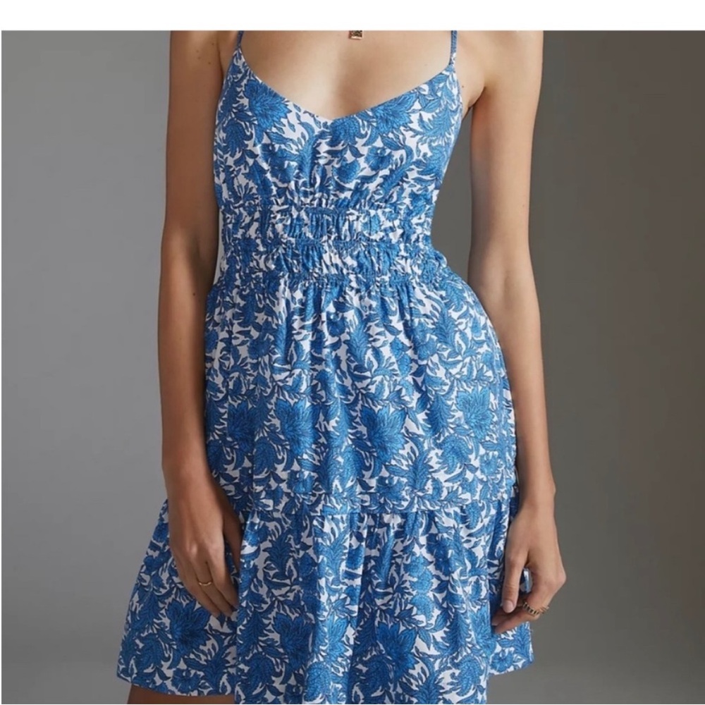 Anthropologie Floral Mini Dress in Blue and White
